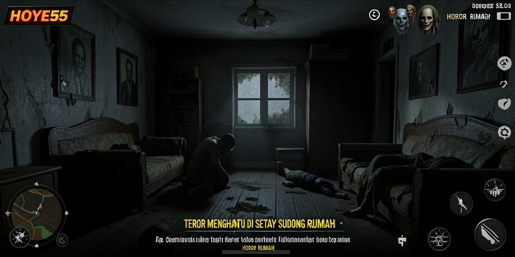 Tampilan gameplay HOYE55 yang menegangkan di rumah berhantu.